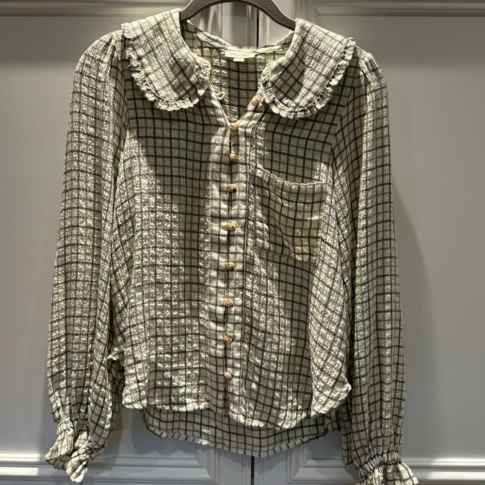 Plaid Button-Up Blouse with Ruffled Collar from Anthropogie